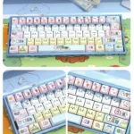 Adorable Chiikawa side-printed PBT backlit keycaps set, beautifully displayed from multiple angles to highlight charming characters and vibrant design.