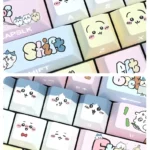 Adorable Chiikawa side-printed PBT backlit keycaps set gallery. See whimsical characters and luminous pastel designs from various keyboard angles.