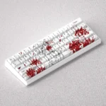 Chisato Lycoris Recoil PBT front-printed keycap set showcased from multiple angles, highlighting its subtle anime art and crisp legends.