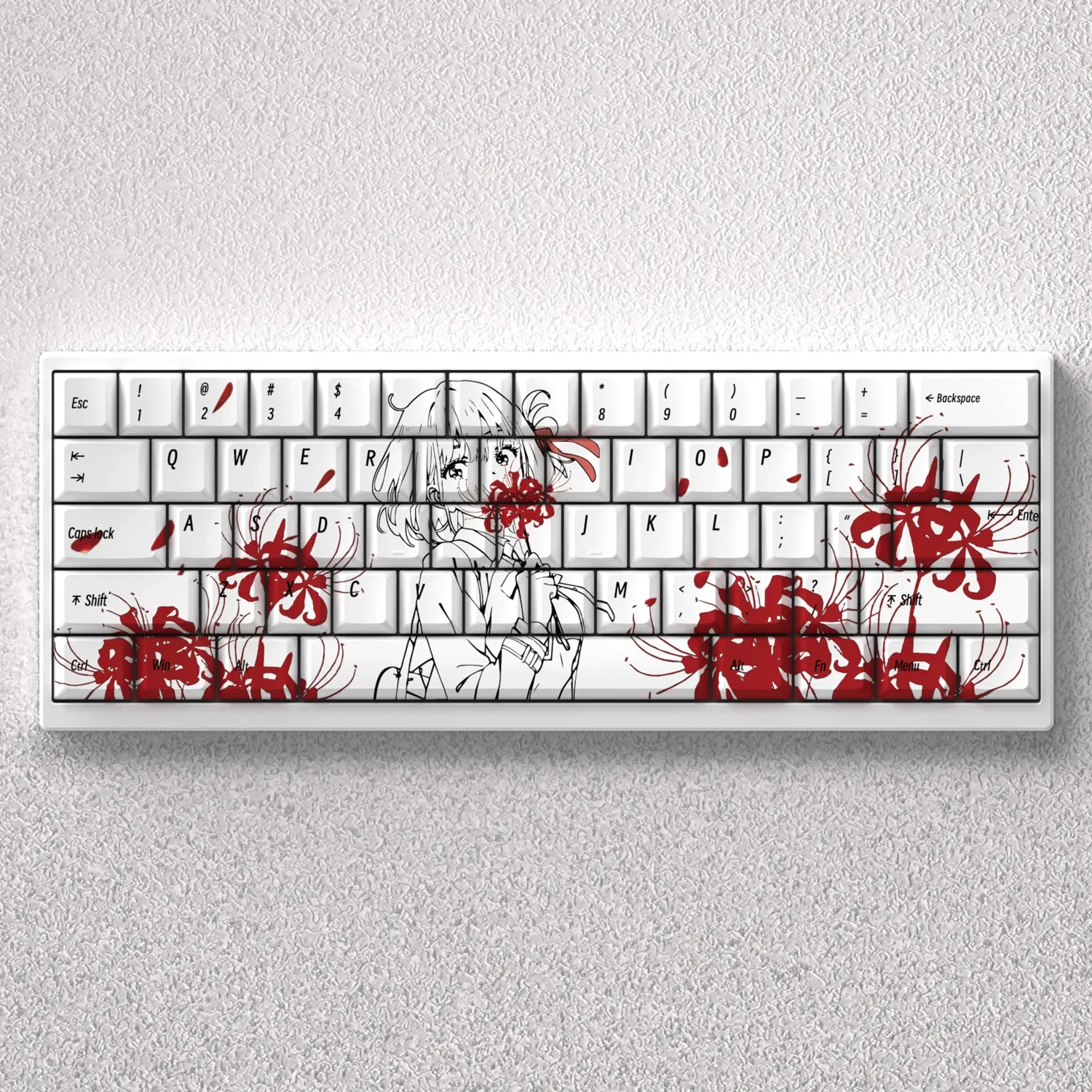 Chisato Keycaps Set, PBT front-printed for Lycoris Recoil, showcasing subtle anime art and clean legends on a minimalist keyboard setup.