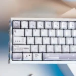 Artistic close-ups of Coconut Latte Keycaps Set, highlighting their durable dye-sub PBT and refreshing soft cream, warm brown, green tones.