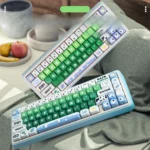 Whimsical Cow Farm PBT Keycaps Set, dye-sub, showcasing adorable cow patterns and rustic farm elements for custom mechanical keyboards.