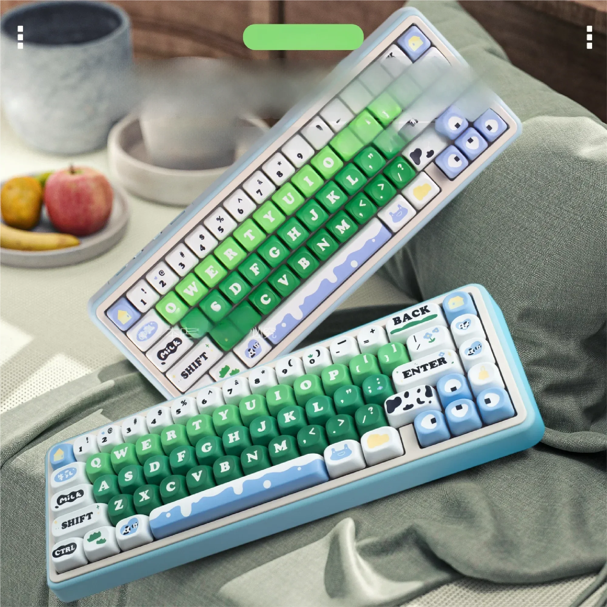 Whimsical Cow Farm PBT Keycaps Set, dye-sub, showcasing adorable cow patterns and rustic farm elements for custom mechanical keyboards.