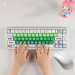 Charming Whimsical Cow Farm PBT keycap set featuring adorable dye-sub cow patterns, rustic farm elements, and a comfortable designed setup.