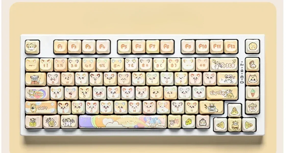Cute mouse keycaps set showcasing adorable chubby MAO mice and whimsical details in vibrant dye-sublimation PBT, perfect for mechanical keyboards.