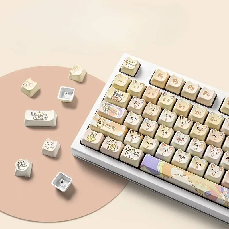 Gallery of adorable chubby mouse PBT keycaps set for mechanical keyboards, showcasing vibrant dye-sublimation and playful, whimsical design.