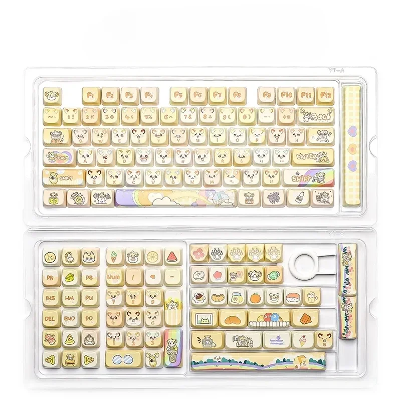 Adorable chubby mouse PBT dye-sublimation keycaps set, showcasing vibrant colors and whimsical characters for mechanical keyboards.