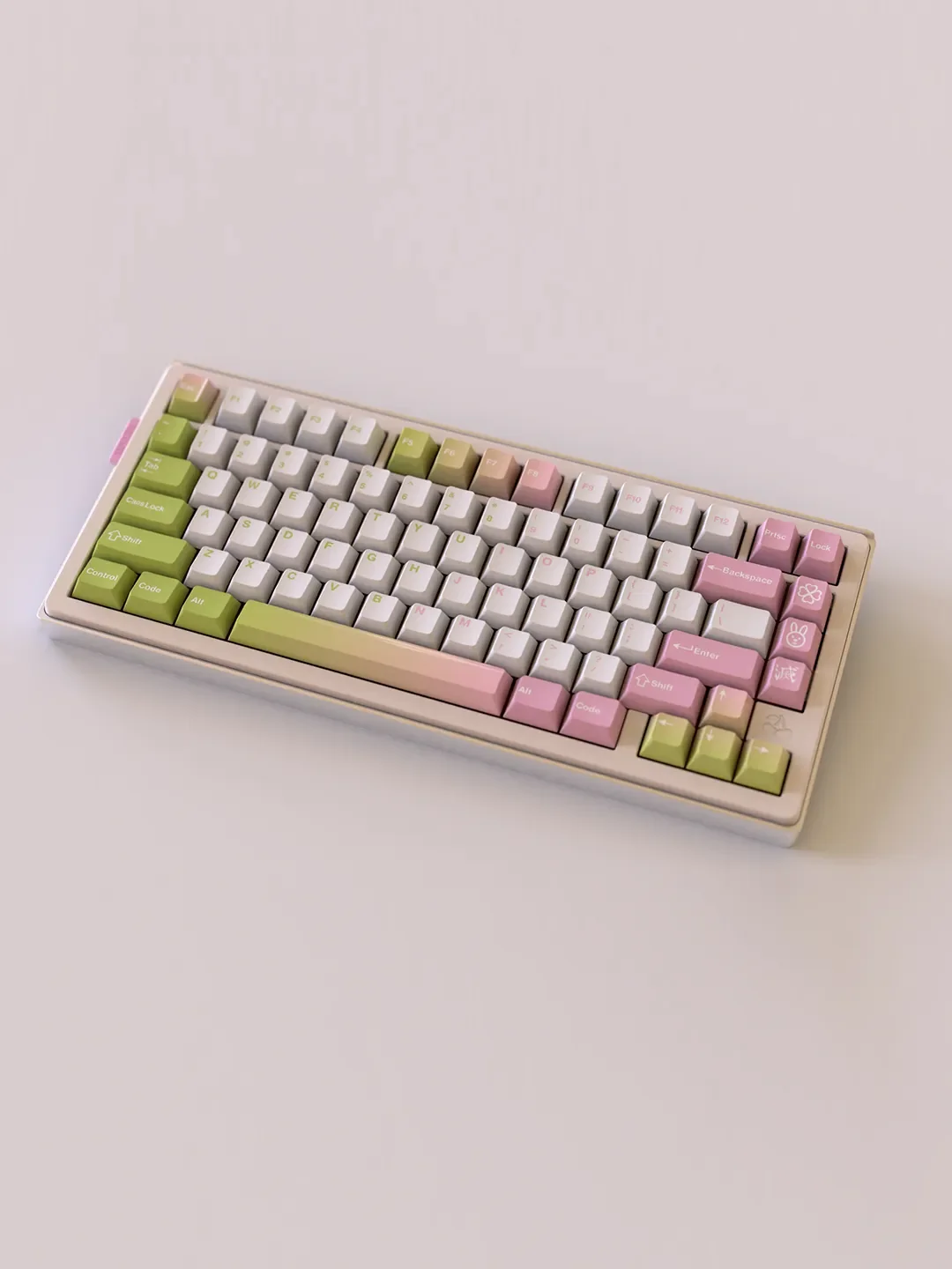 A collection of vibrant Mitsuri Kanroji PBT dye-sub Demon Slayer keycap set, showcasing intricate artistry and pastel hues from multiple angles.