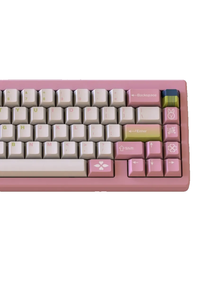 Vibrant Mitsuri Kanroji PBT dye-sub Demon Slayer keycaps set, showcasing iconic artistry and pastel hues from various angles for premium display.