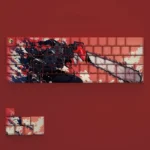 Close-up of a playful Chainsaw Man Denji keycap set, featuring side-engraved translucent legends glowing on a custom mechanical keyboard.