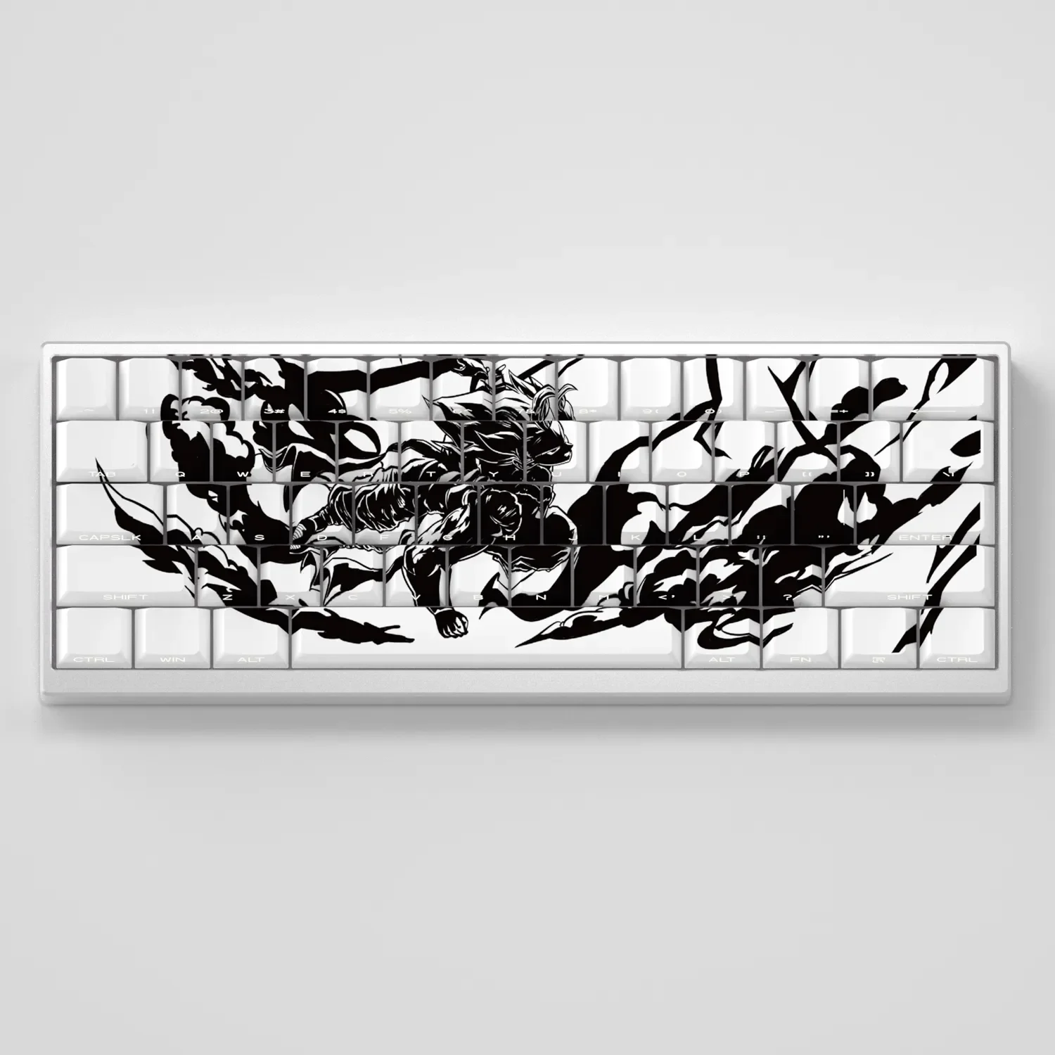 Vibrant Dragon Ball PBT keycaps set with side-lit legends glowing on an RGB mechanical keyboard, featuring iconic anime characters.