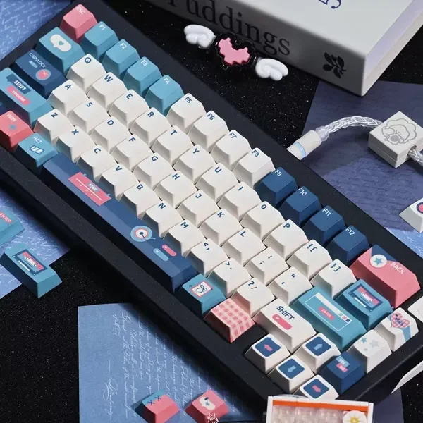 Full set of Dream Denim Retro Cherry Keycap Set, showcasing various Vintage Americana poster art designs from multiple angles, evoking nostalgic design.