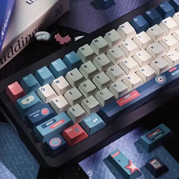 Explore the distinct Dream Denim Retro Cherry Keycap Set from multiple angles, highlighting the artistic denim and classic poster designs.