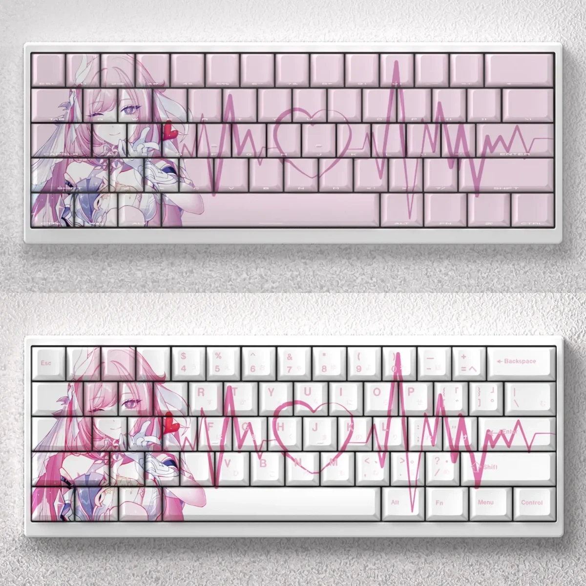 Elysia PBT Keycaps set displayed in an elegant white, minimalist aesthetic with unique front-printed legends. This premium PBT keycap set offers a gaming touch.