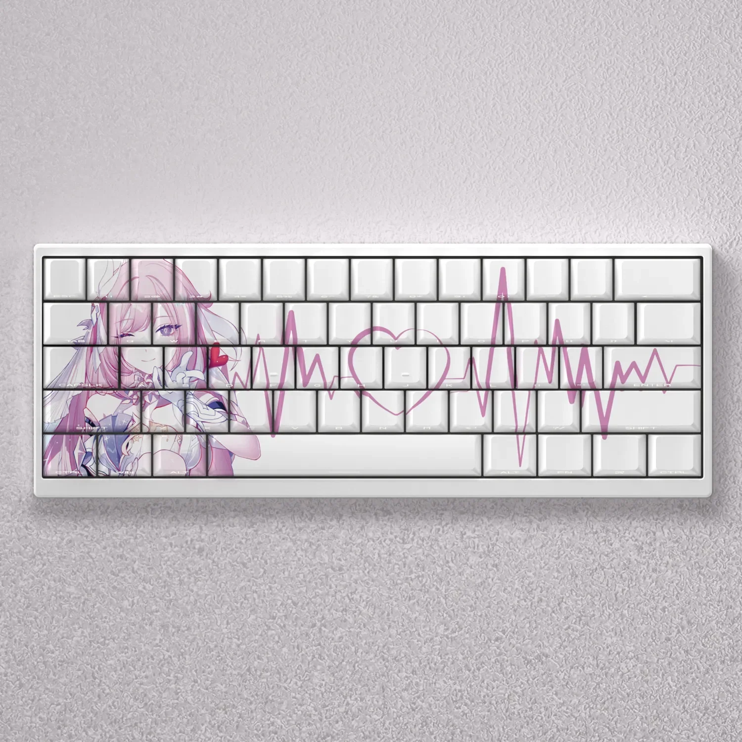 Elysia PBT Keycaps set displayed from various angles, revealing the elegant white premium PBT and unique front-printed legends for a minimalist design.
