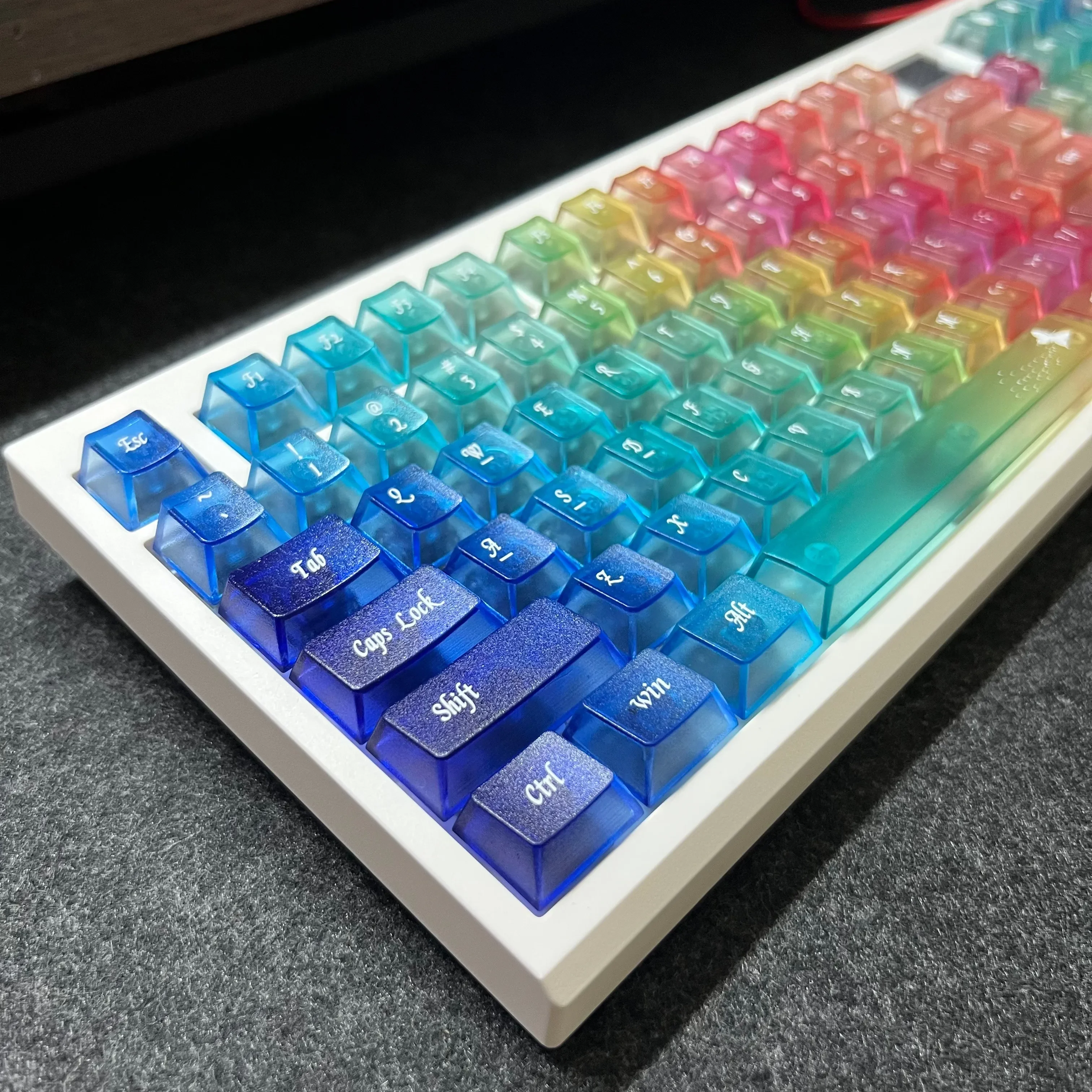 A gallery showcasing Ethereal Frosted Butterfly PC Keycap set, highlighting their delicate design, vibrant light diffusion, and premium finish.
