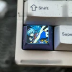 Ethereal firefly glow titanium anime keycaps, premium anodized artisan keyboard cap with vibrant colors and intricate metallic design.