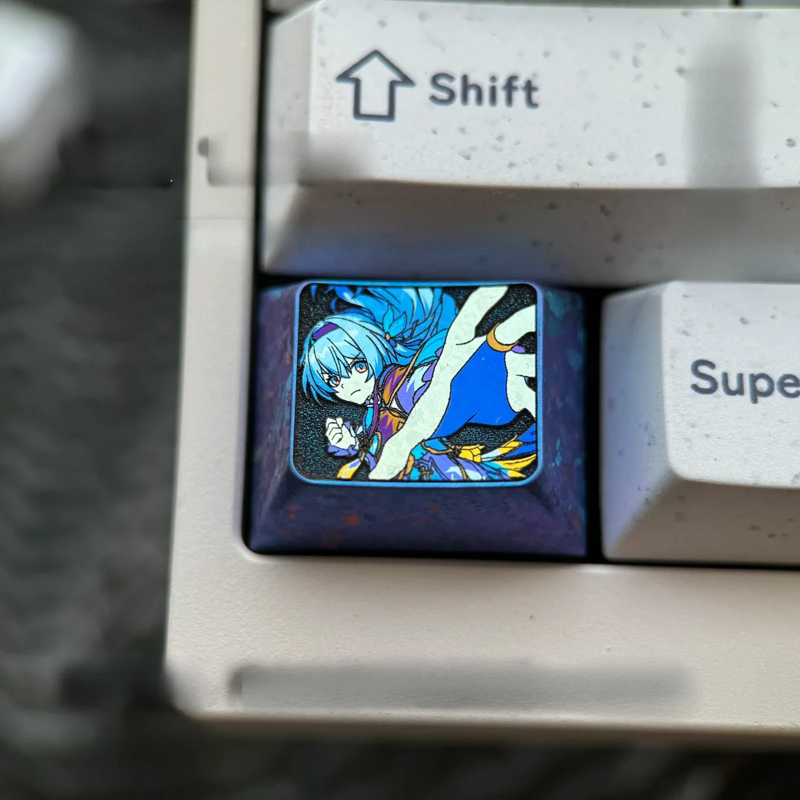 Ethereal firefly glow titanium anime keycaps, premium anodized artisan keyboard cap with vibrant colors and intricate metallic design.