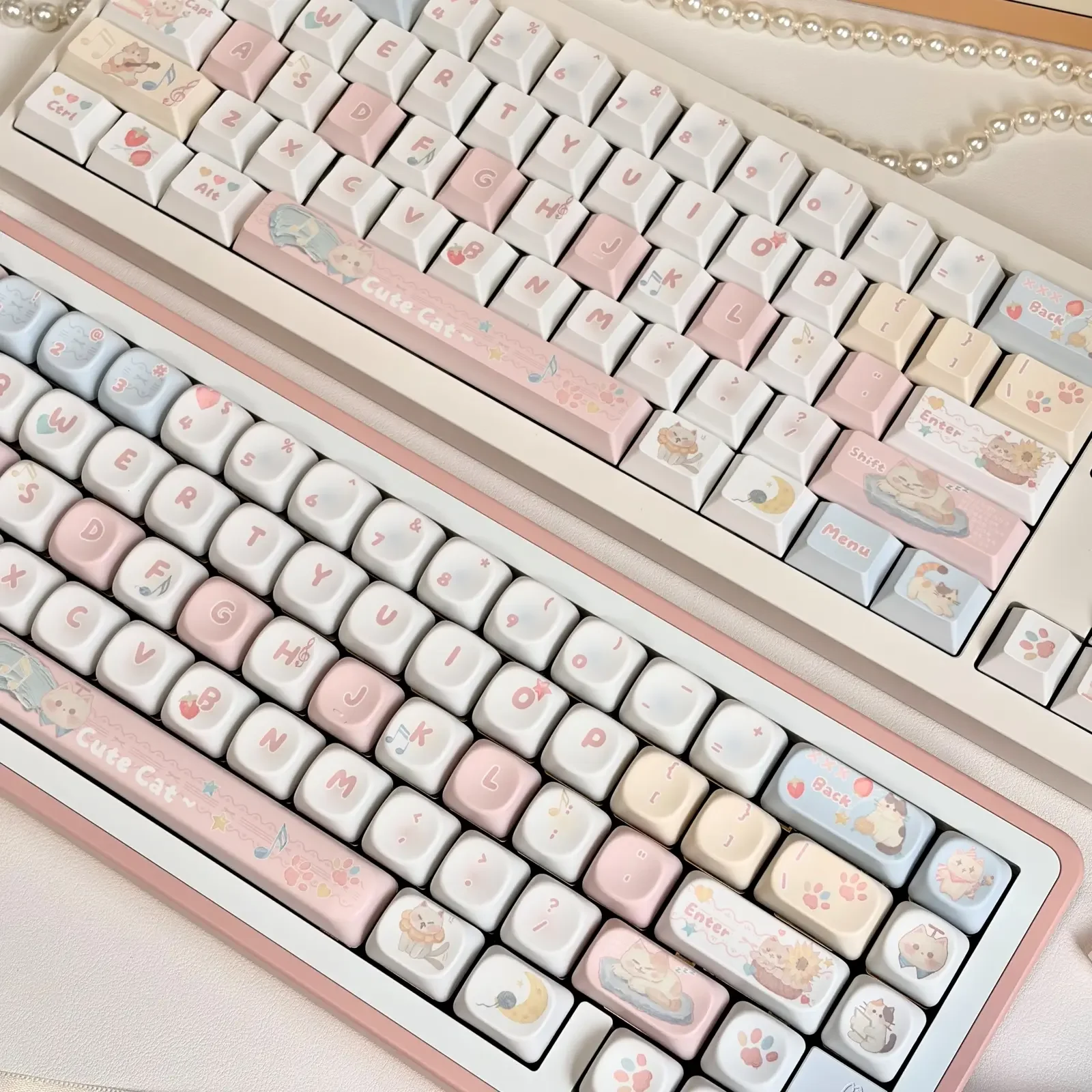 Charming fluffy cat keycaps set. Artistic oil painting designs with serene, vibrant feline art. MOA profile keycaps showcased from various angles.