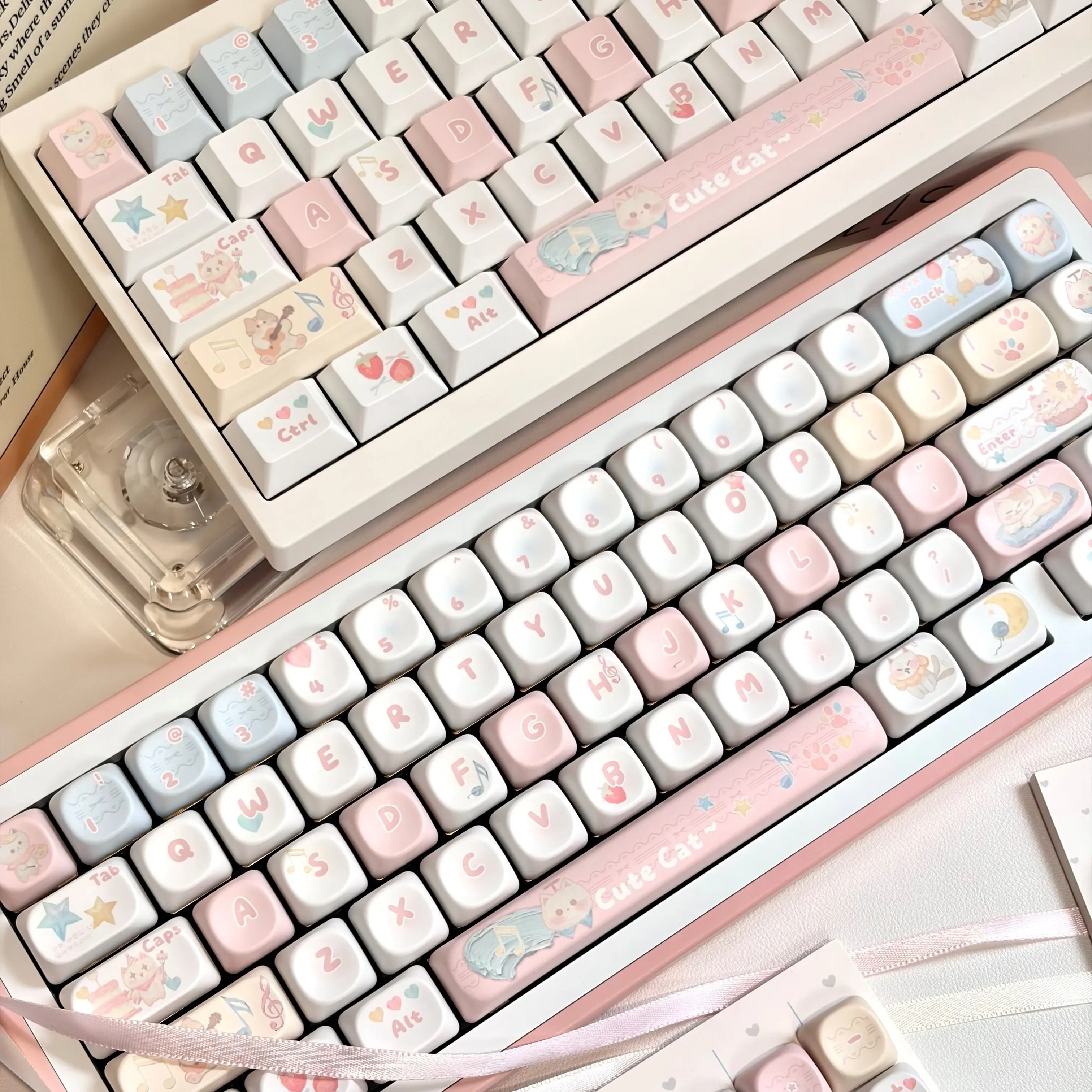 Charming Fluffy Cat Keycaps set showcasing serene, vibrant oil painting designs of fluffy cats, embodying artistic feline artistry for your keyboard.