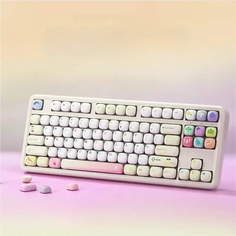 A comprehensive set of vibrant dye-sub PBT food theme keycap set, showcasing delightful gourmet party illustrations for a fun keyboard.