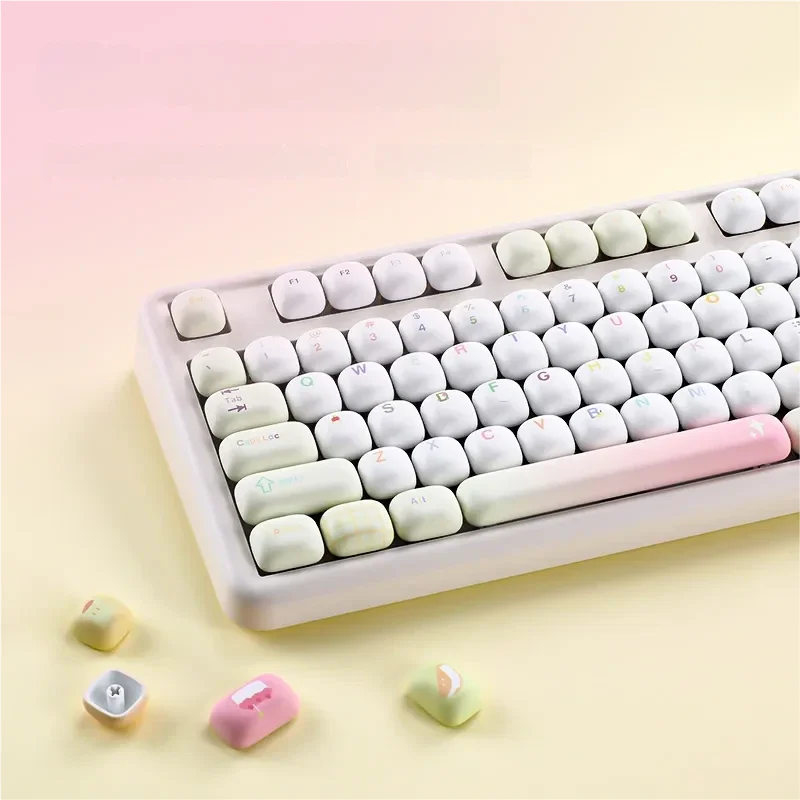 Vibrant gourmet party food theme PBT keycap Set showcased from multiple angles, highlighting the comprehensive dye-sub set with whimsical culinary.