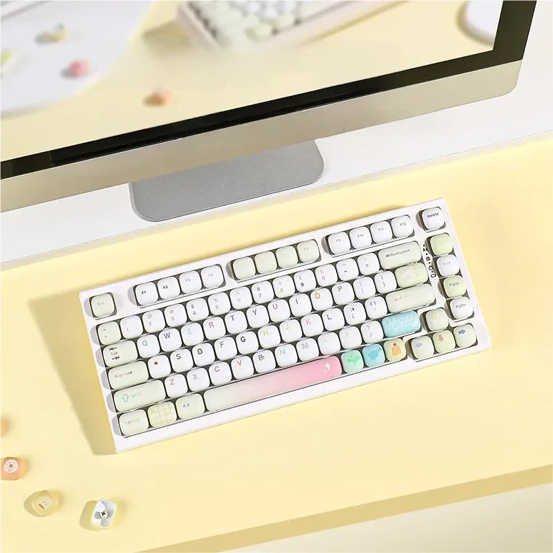 A comprehensive set of vibrant gourmet food theme PBT keycap ste with durable dye-sub legends, showcasing whimsical culinary designs from various angles.