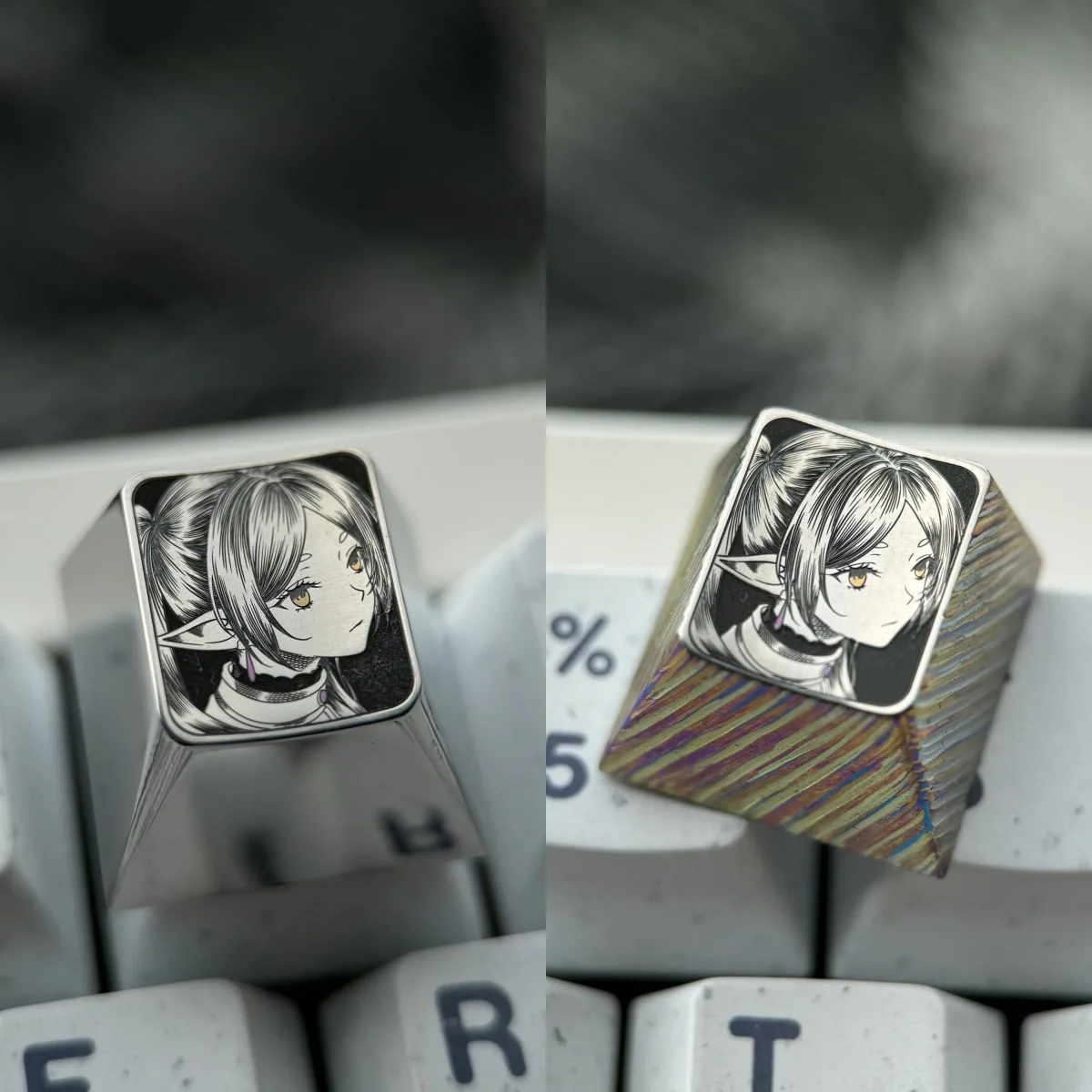 Stunning hand-sculpted Frieren keycap crafted from titanium, showcasing precision anime art and intricate stippling on a mirror finish.