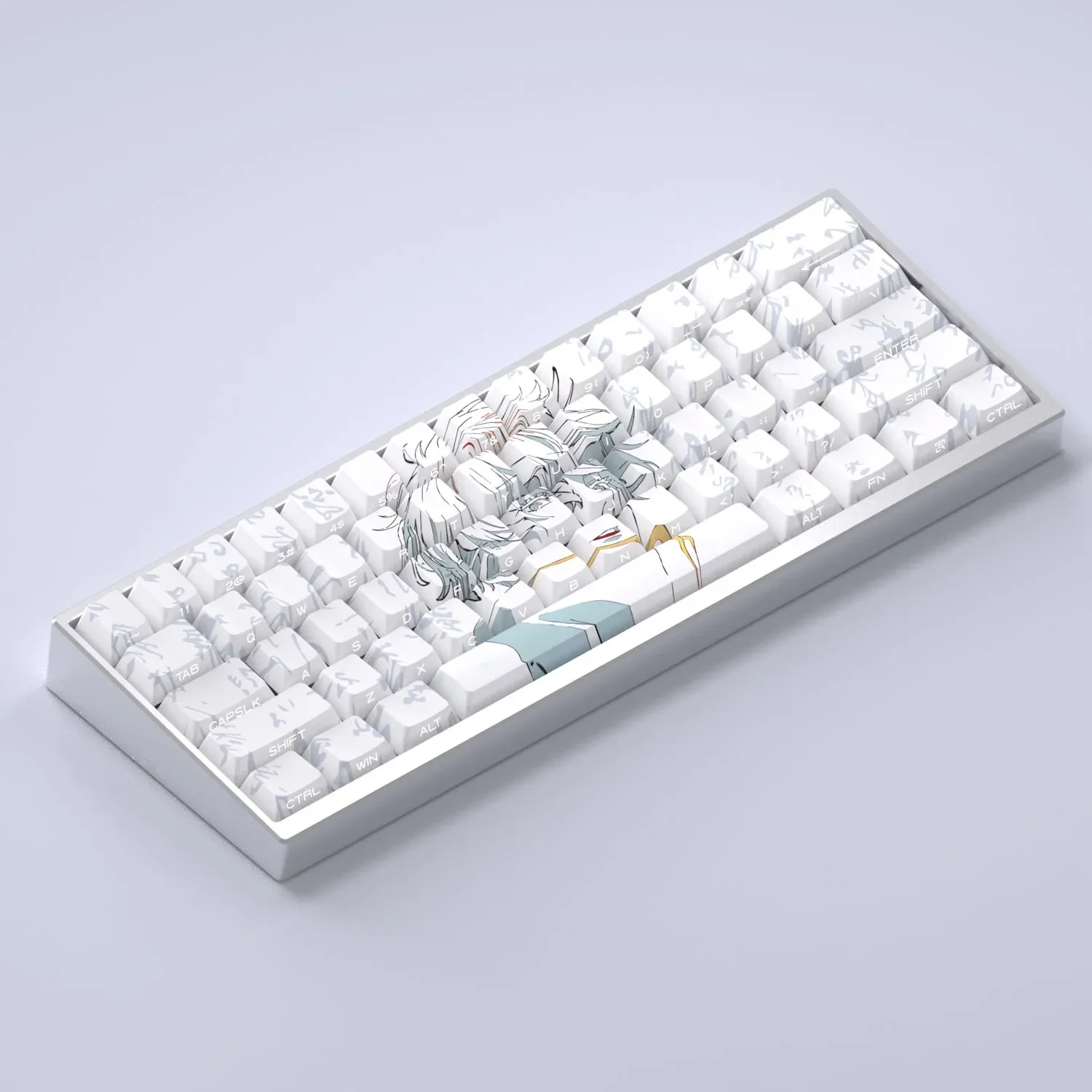 Captivating Gojo Satoru keycaps set displayed from multiple angles, showcasing their exclusive side-printed legends and readiness for a radiant design.