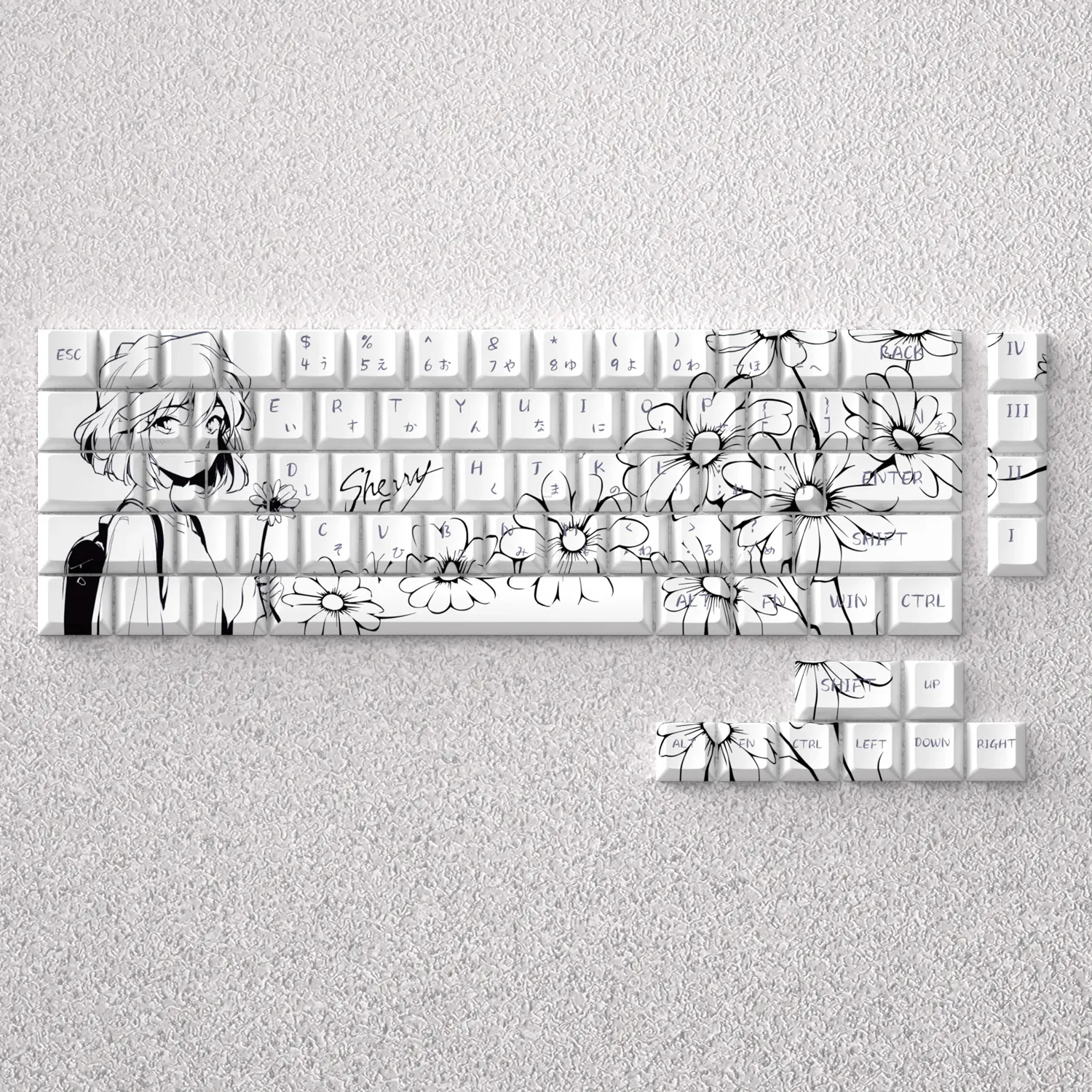 Enigmatic Haibara Ai PBT keycap set displayed, featuring cool-toned character art and subtle scientific motifs. Perfect for Detective Conan fans.