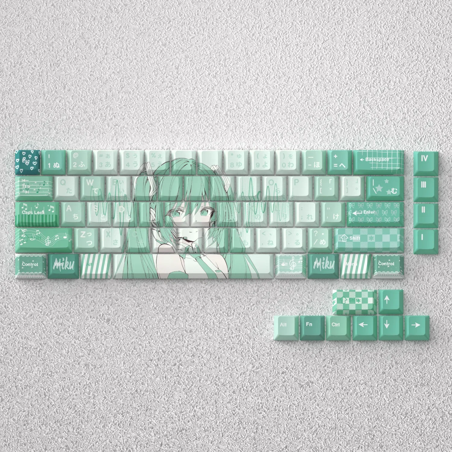 Vibrant Hatsune Miku PBT keycap set for 60% keyboards, featuring iconic turquoise anime character art in Cherry profile.