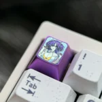 A gallery of the premium Hayase Yuuka Titanium ESC keycap, revealing the vibrant anime art and polished titanium alloy from various angles for view.