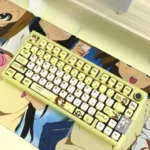 Vibrant Hirasawa Yui K-On! RGB pudding keycaps set displayed from various angles, highlighting their iconic design, four-sided translucency, and playful design.