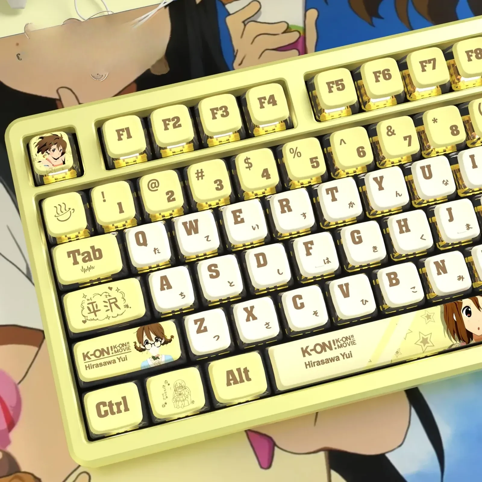 Hirasawa Yui K-On! RGB translucent pudding keycaps set displayed from multiple angles, highlighting the iconic anime design and vibrant four-sided transmit light.