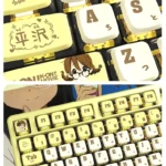 Hirasawa Yui K-On! RGB translucent pudding keycaps set, showcasing vibrant anime art and dynamic RGB lighting from diverse angles.