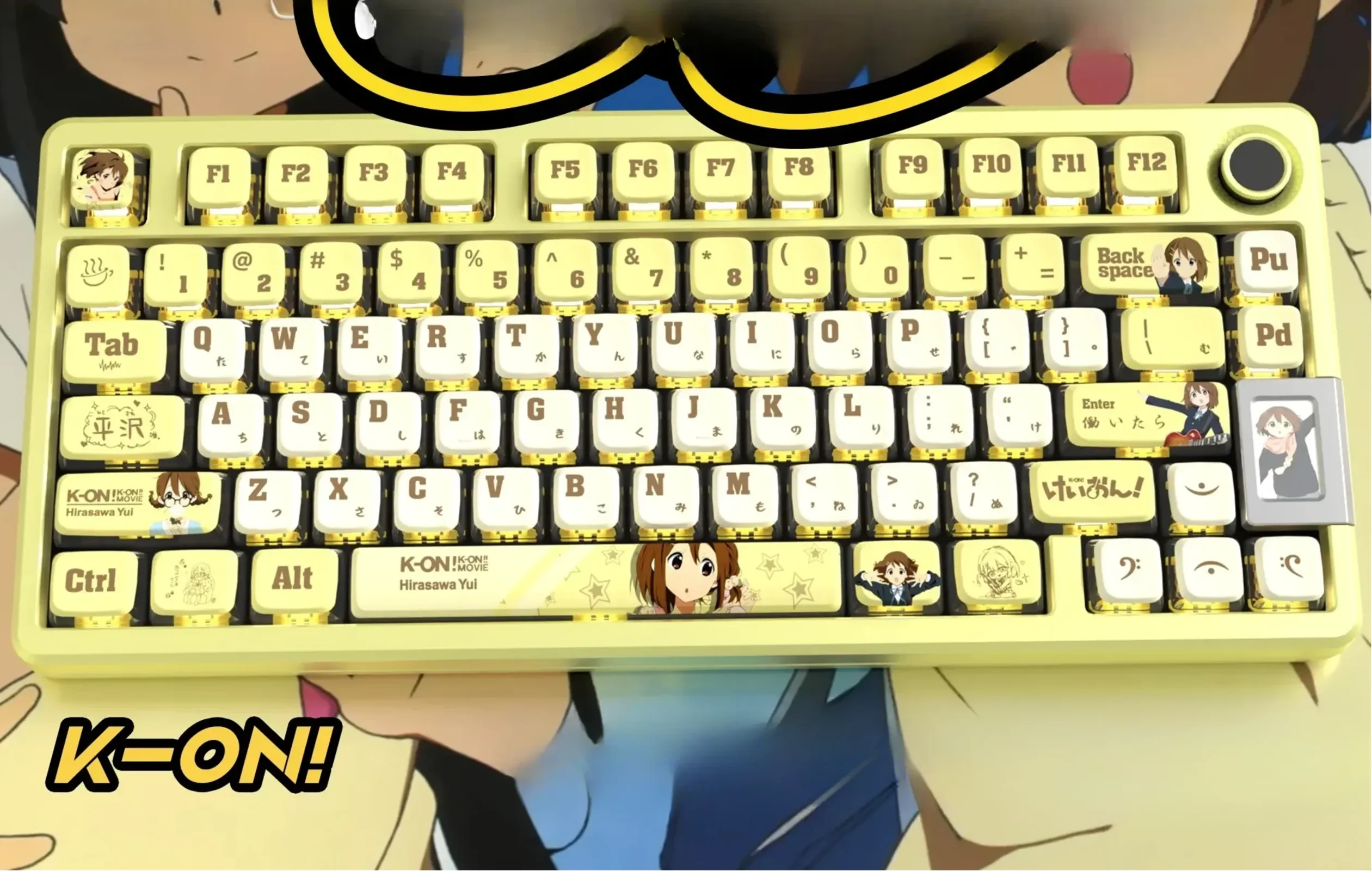 Vibrant Hirasawa Yui Keycaps Set for mechanical keyboards, featuring the iconic K-On! design with playful RGB translucent pudding style and dynamic design.