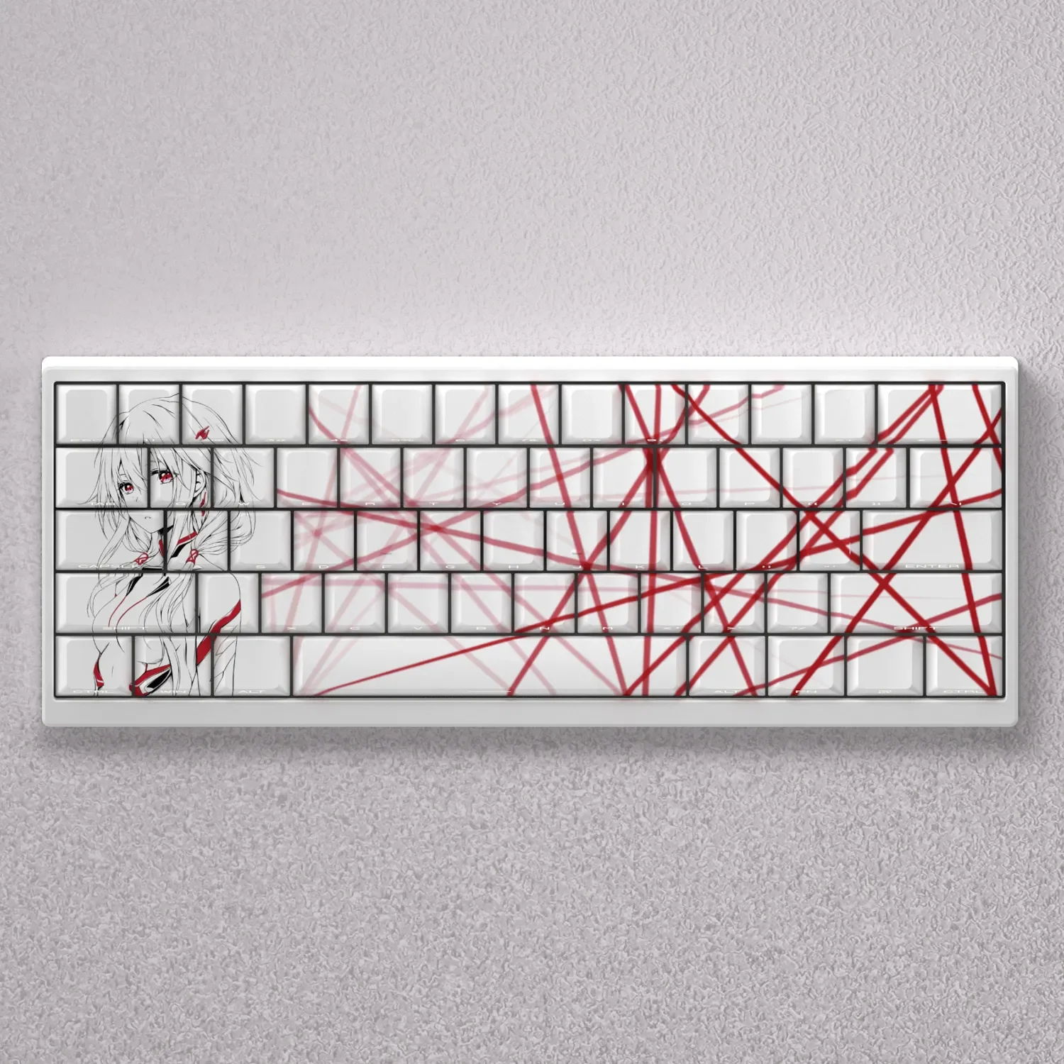 Iconic Yuzuriha Inori anime side-lit PBT keycaps set vibrantly displayed, showcasing sleek translucent legends and vivid character art. Essential Inori deisgn.