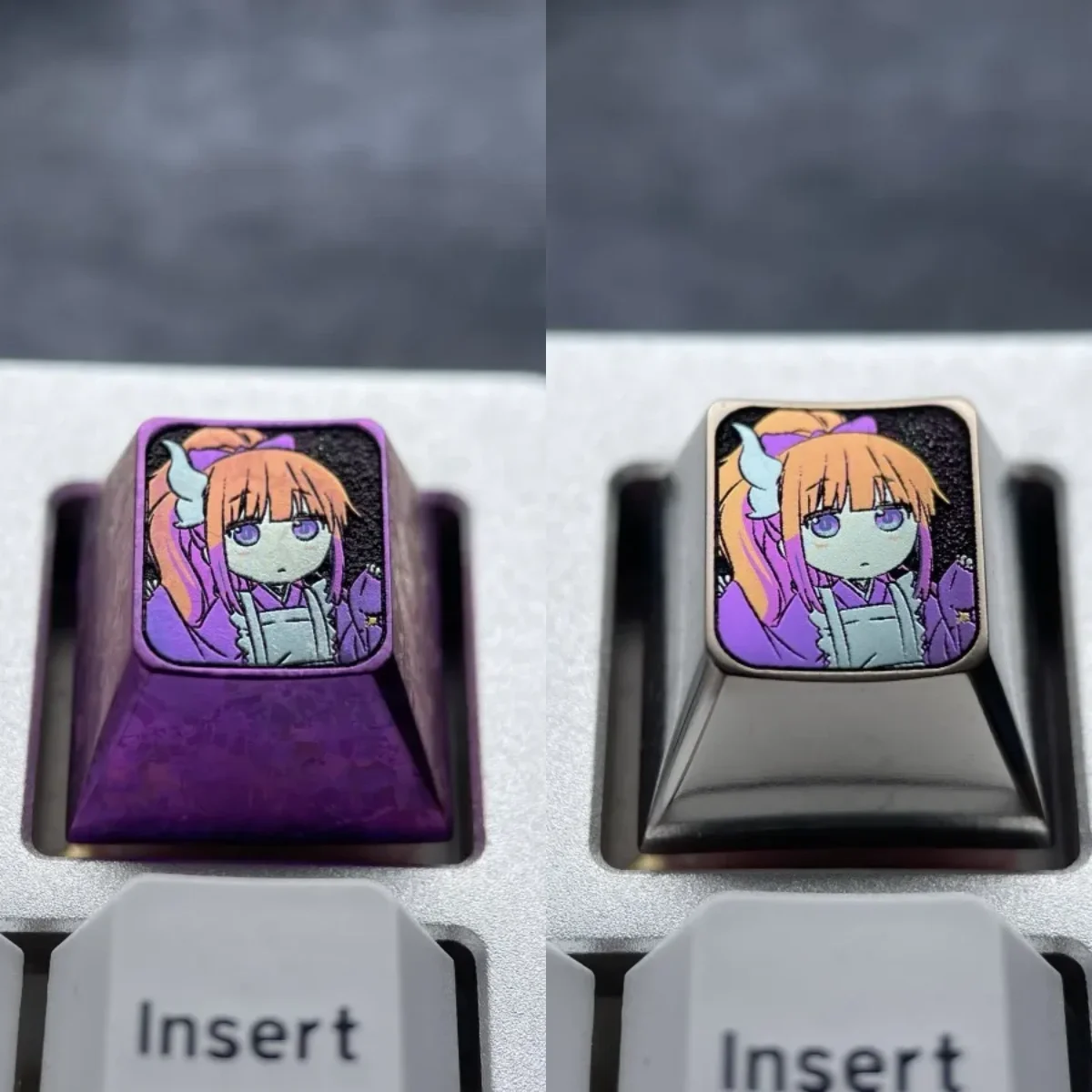 Vibrant Titanium Kanna Kamui ESC keycap, a playful Dragon Maid anime collectible, shines with a metallic purple finish.
