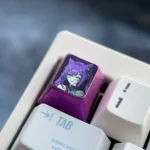 Premium Anodized Titanium Keqing keycap, illuminated with luminous ice crystal purple, reflecting luxurious Genshin Impact electro-inspired.
