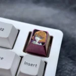 Kumiko Oumae Titanium ESC keycap gallery. Vibrant anime art on polished titanium with icy accents, shown from various angles. A premium anime keycap.