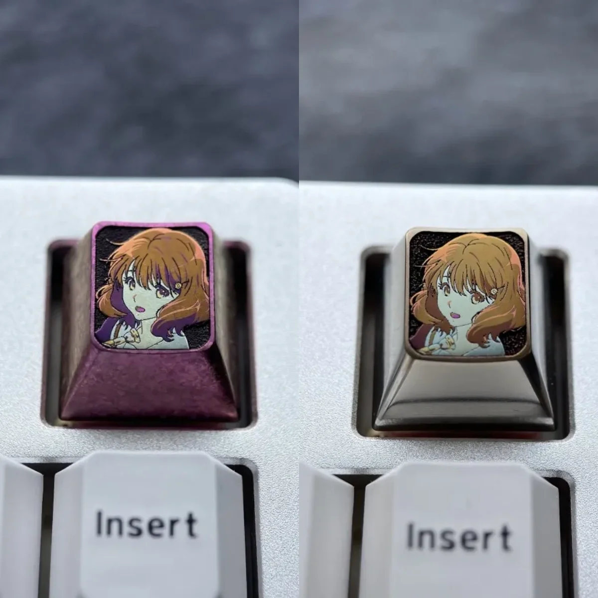 Premium Kumiko Oumae anime keycap made from vibrant polished titanium, highlighting detailed character art and subtle icy accents.