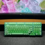 Vibrant lime green 98-key tri-mode mechanical keyboard in a dynamic product set, showcasing hot-swappable switches and wireless connectivity.