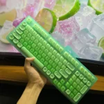 Vibrant lime green 98-key Tri-Mode Mechanical Keyboard showcased with clean lines, emphasizing hot-swappable switches and wireless connectivity.
