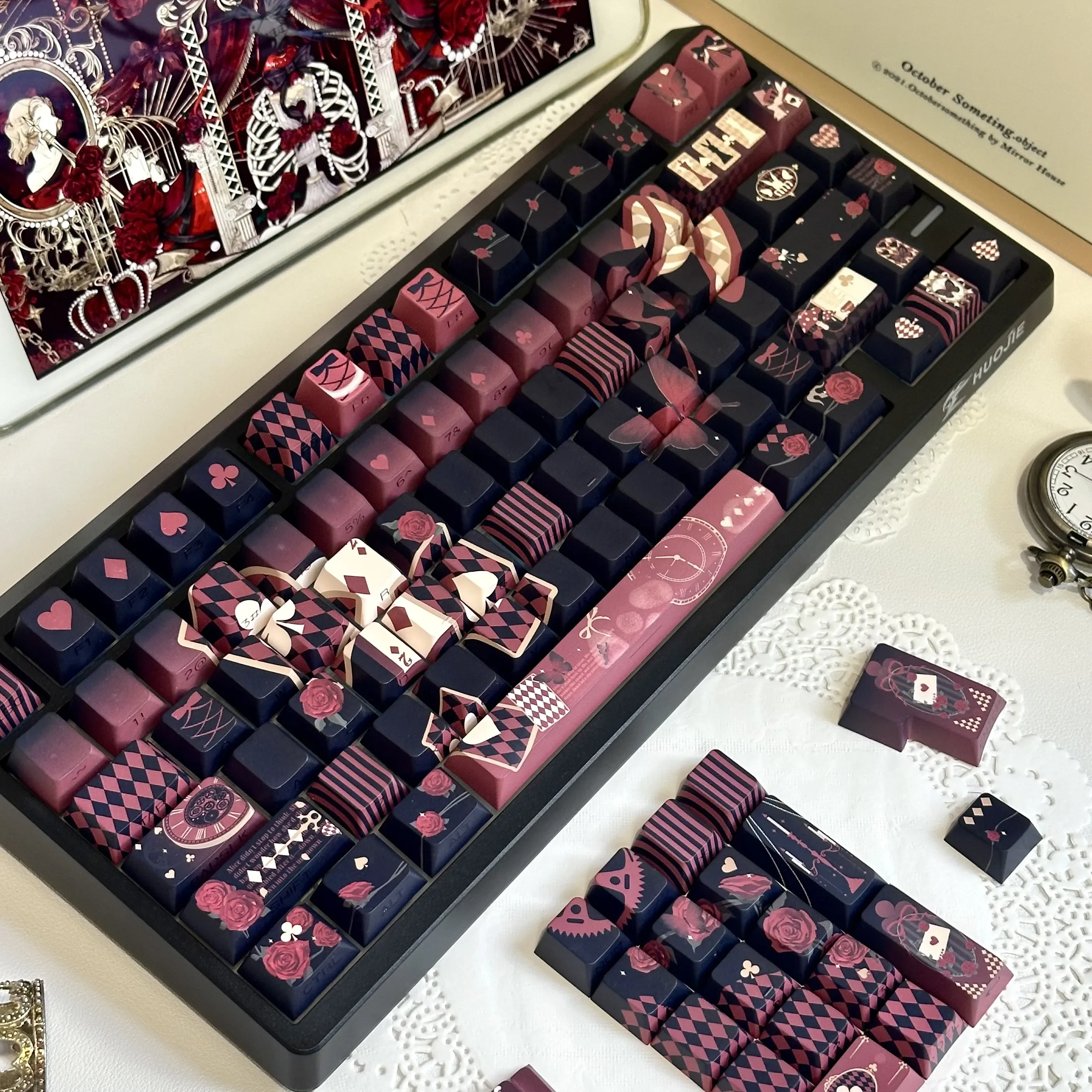 Enigmatic Lost Alice keycaps set in a dark Wonderland theme, highlighting side-engraved, shine-through Cherry profile legends.