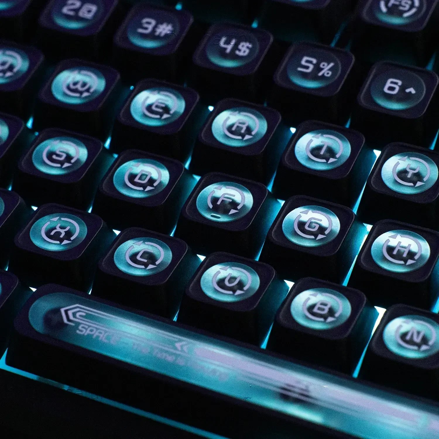 Gallery of Luminous Black Cherry Keycap Set. Reveals sleek design, mesmerizing cat's eye legends, illuminated from various angles.