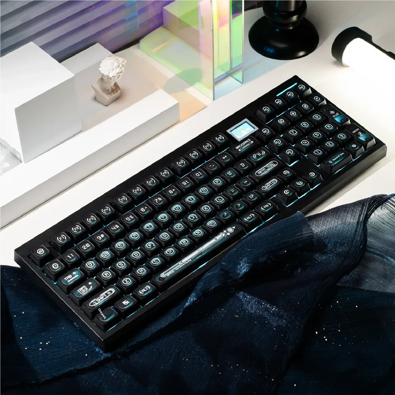 An exquisite product gallery revealing the Luminous Black Cherry Keycap Set, emphasizing the mesmerizing cat's eye legends under various options.