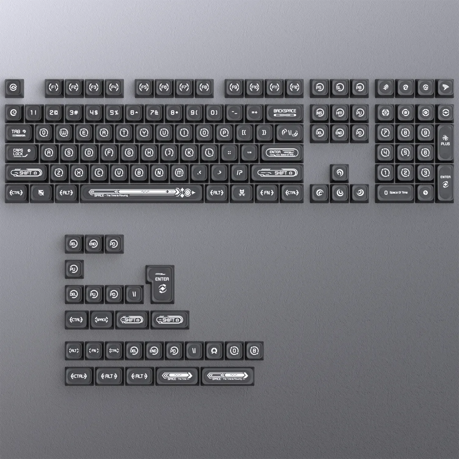 This Luminous Black Cherry Keycap Set in sleek black reveals mesmerizing cat's eye backlit legends, offering a unique keyboard aesthetic.