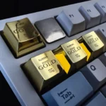 Close-up views of the luxury laser engraved gold ESC keycap, highlighting its heavy construction and intricate detailing for a premium keyboard.