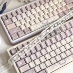 Ethereal light purple Magic Poetry Dreamscape side-printed backlit keycap set, showcasing mystical legends with a poetic, glowing fantasy ambiance.