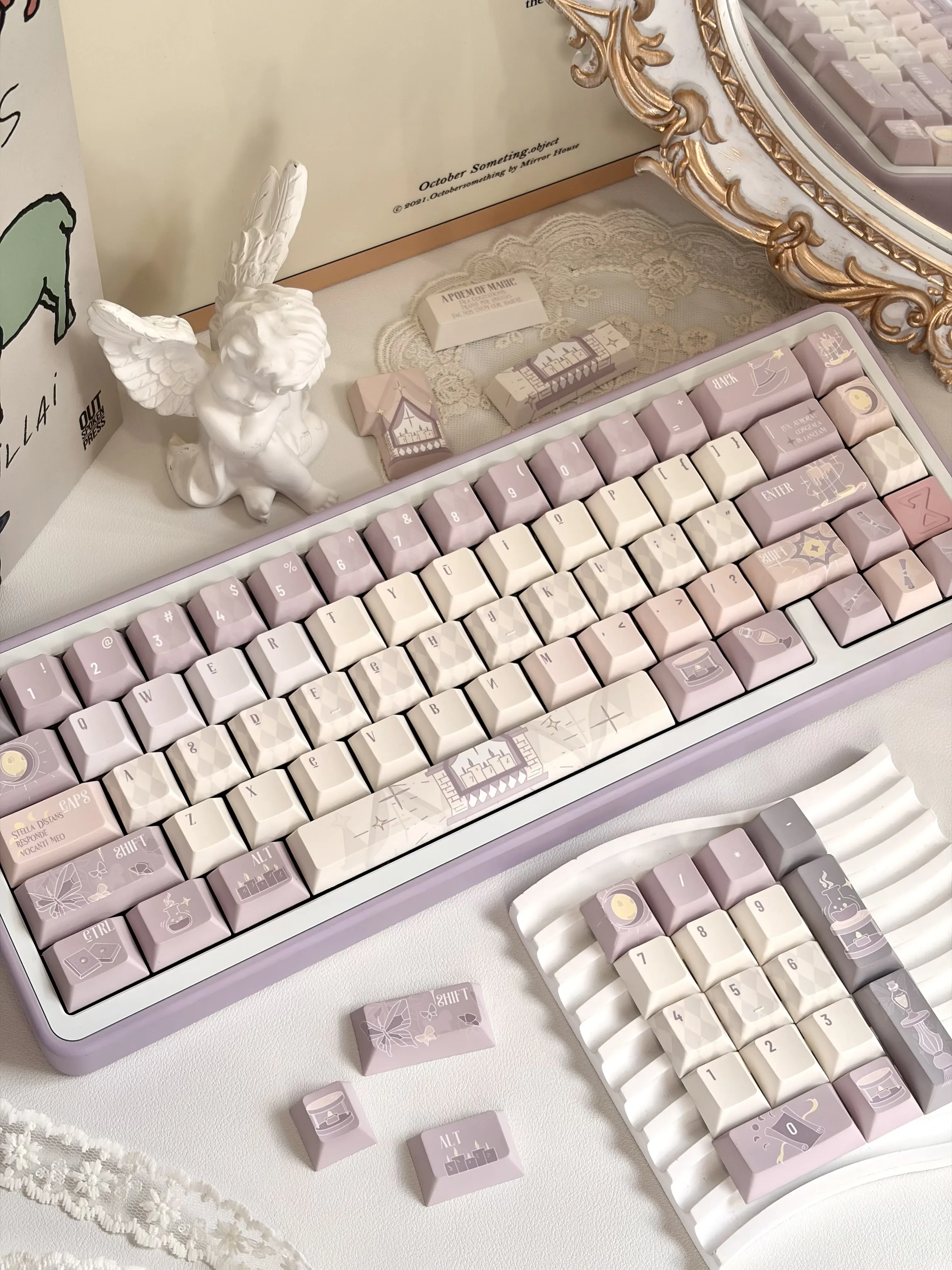 Gallery view of Magic Poetry Dreamscape Side-Printed Backlit Magic Keycap set , revealing their enchanting ethereal light purple glow and mystical.